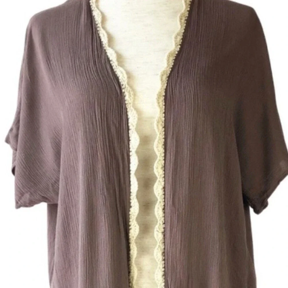 Umgee USA Brown Crochet Lace Back Fringe Kimono Cardigan Bohemian Size S/M A1623